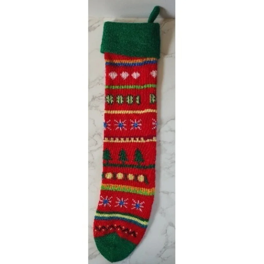 Vtg Christmas Stocking Trees Stripes Snowflake Striped Stocking A19